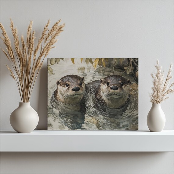 Two River Otters Swimming Realistic Watercolor Wildlife Print
