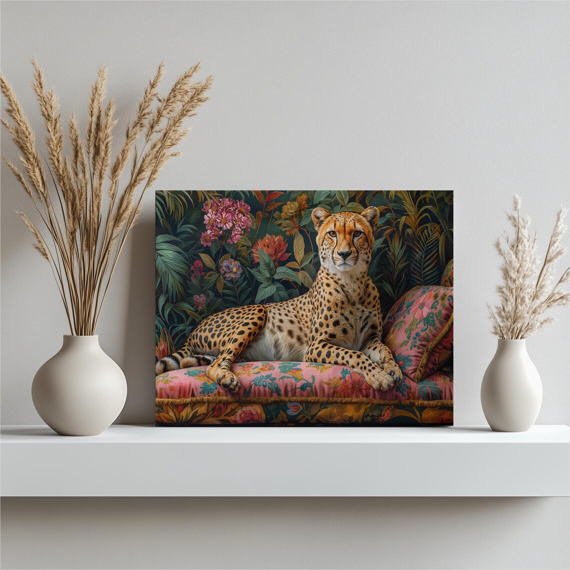 Cheetah Lounging On Floral Pink Chaise In Lush Tropical Jungle Scene Print