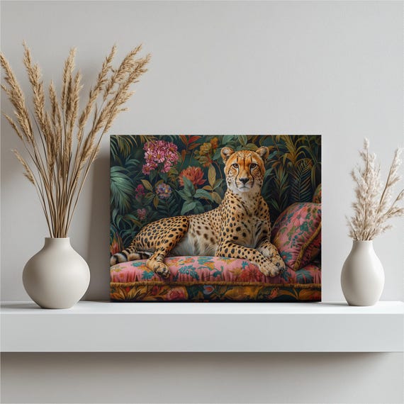 Cheetah Canvas Wall Art Wildlife Painting Animal Decor Safari Themed Hanging Big Cat Illustration Nature Inspired Decoration