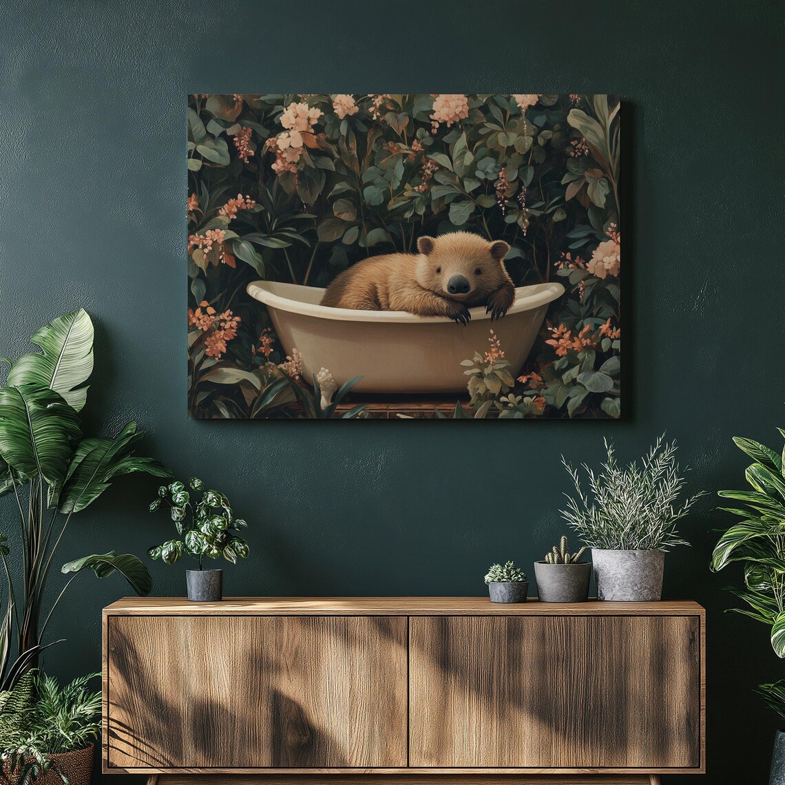 Cute Baby Wombat in Vintage Bathtub Dark Floral Jungle Poster