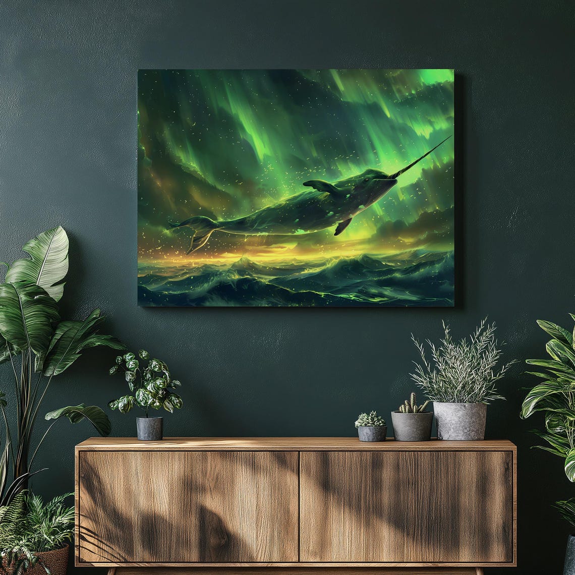 Narwhal Under Aurora Borealis Surreal Arctic Ocean Night Art Poster