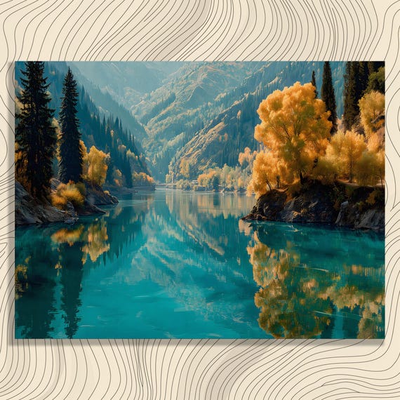 Autumn Mountain Canvas Wall Art Serene Lake Landscape Nature Scenery Rustic Decor Print Gift Golden Forest Reflection Hanging