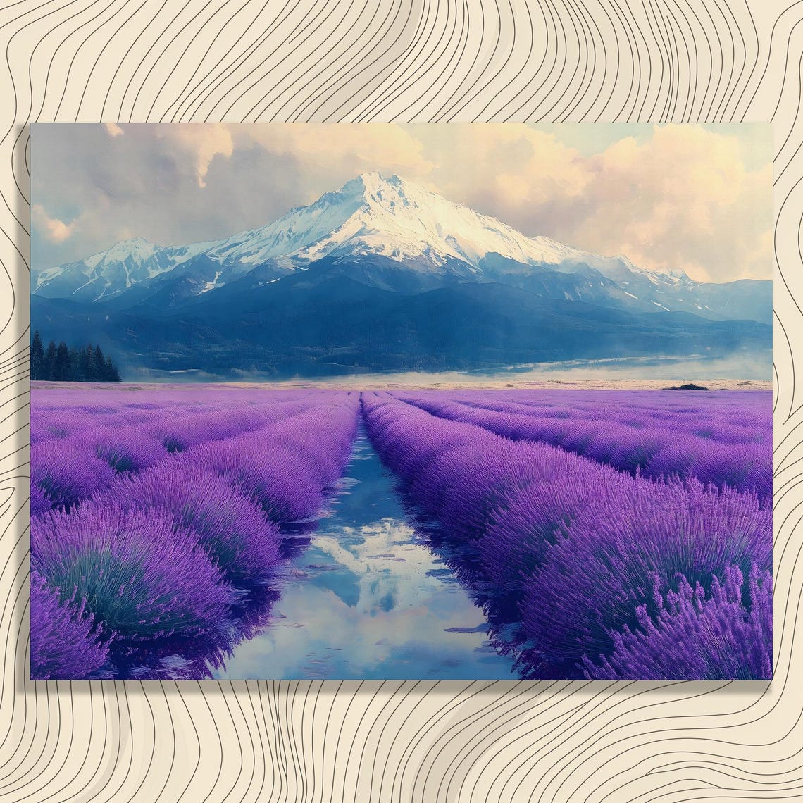Purple Lavender Field Snow Capped Mountain Reflecting Water Poster