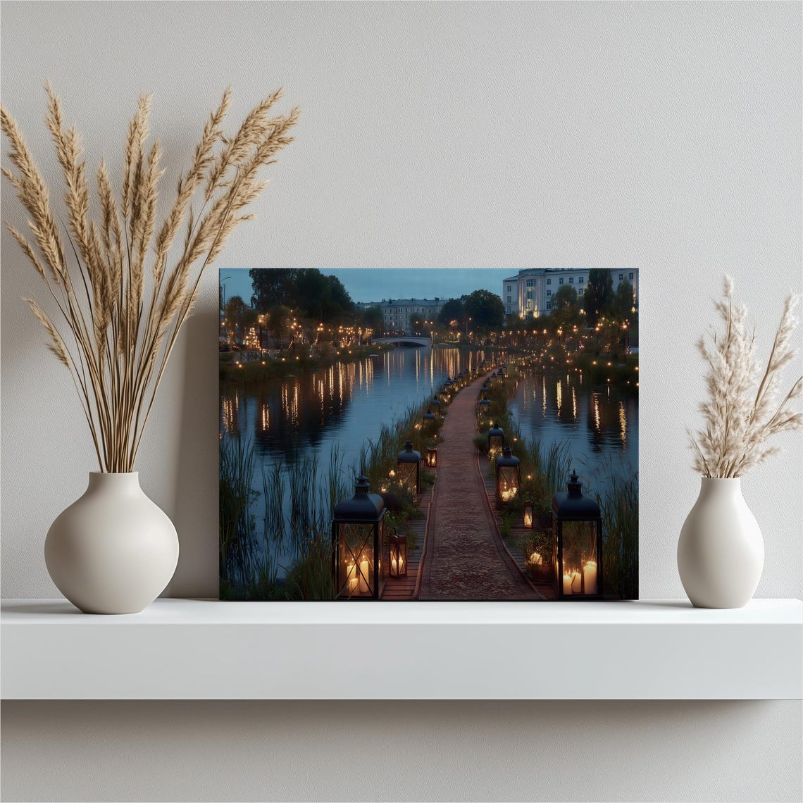 Candlelit Night Lantern Waterfront Path City Reflection Poster