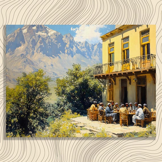 Afghan Tea House Canvas Wall Art Rustic Mountain Village Gathering