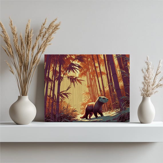 Weasel Bamboo Forest Canvas Wall Art Colorful Wildlife Illustration Stoat Nature Scene Sunlit Grove Golden Foliage Contemporary Decor
