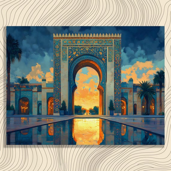 Moroccan Palace Gate Canvas Wall Art Twilight Mosaic Archway Reflection Print Islamic Architecture Decor Sunset Courtyard Scene