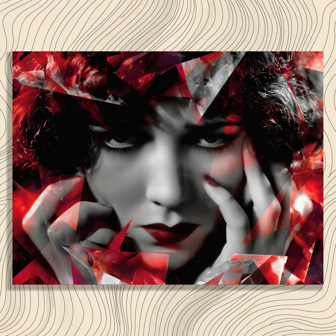 Abstract Red Portrait Canvas Wall Art Dramatic Geometric Fragmented Face Modern Decor Print Bold Expression Collage Cubism Gift