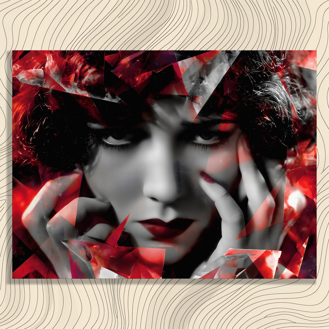 Red Crystal Fractured Woman Portrait Bold Black Dramatic Art Poster