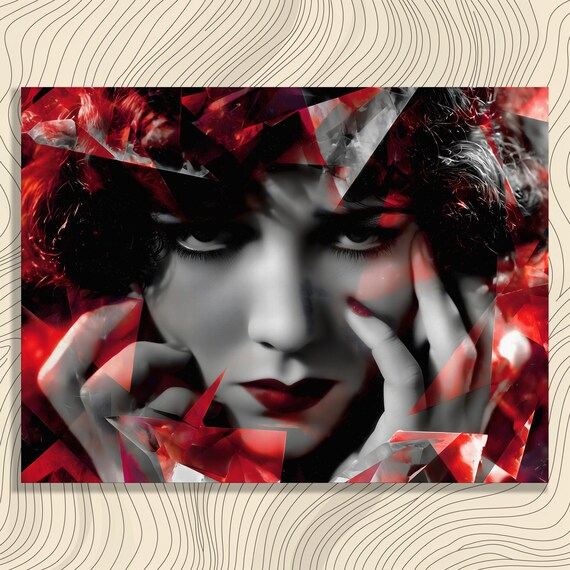 Abstract Red Portrait Canvas Wall Art Dramatic Geometric Fragmented Face Modern Decor Print Bold Expression Collage Cubism Gift