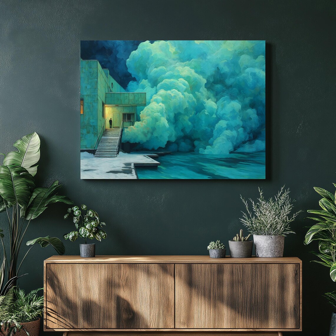 Surreal Architecture Canvas Wall Art Modern Blue Green Architectural Landscape Print Moody Water Reflection Abstract Painting Decor Gift