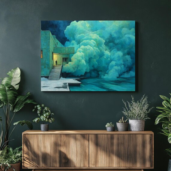 Surreal Architecture Canvas Wall Art Modern Blue Green Architectural Landscape Print Moody Water Reflection Abstract Painting Decor Gift