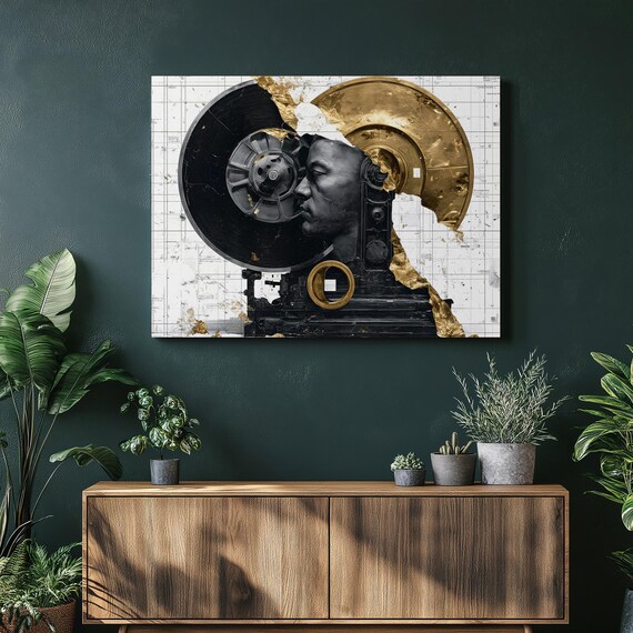 Vinyl Record Surreal Music Collage Black Gold Portrait Poster