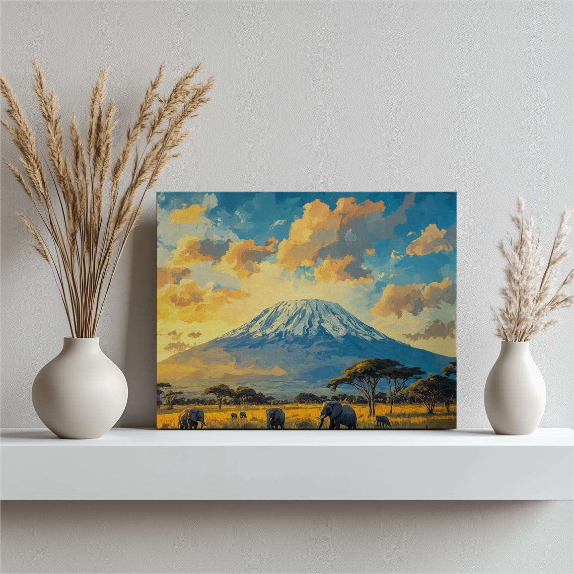 Mount Kilimanjaro Elephants African Savanna Sunset Painting Poster