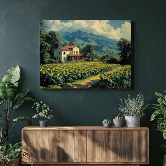 Farmhouse Landscape Canvas Wall Art Tropical Trees Yellow Flower Meadow Painting Mountain Horizon Dramatic Clouds Palm Lined Rustic Path