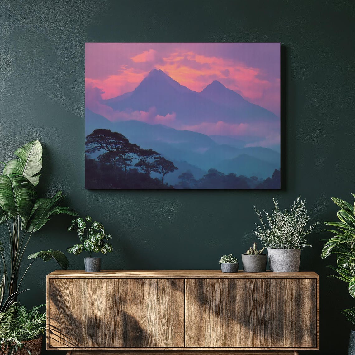 Purple Mountain Ridges at Dusk with Dark Tree Silhouettes Wall Art