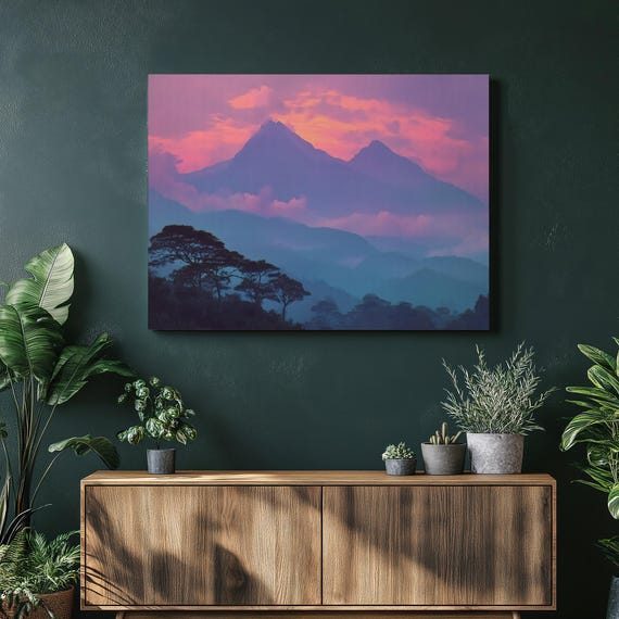 Pastel Mountain Sunset Canvas Wall Art Misty Forest Landscape Painting Print Nature Decor Colorful Gift