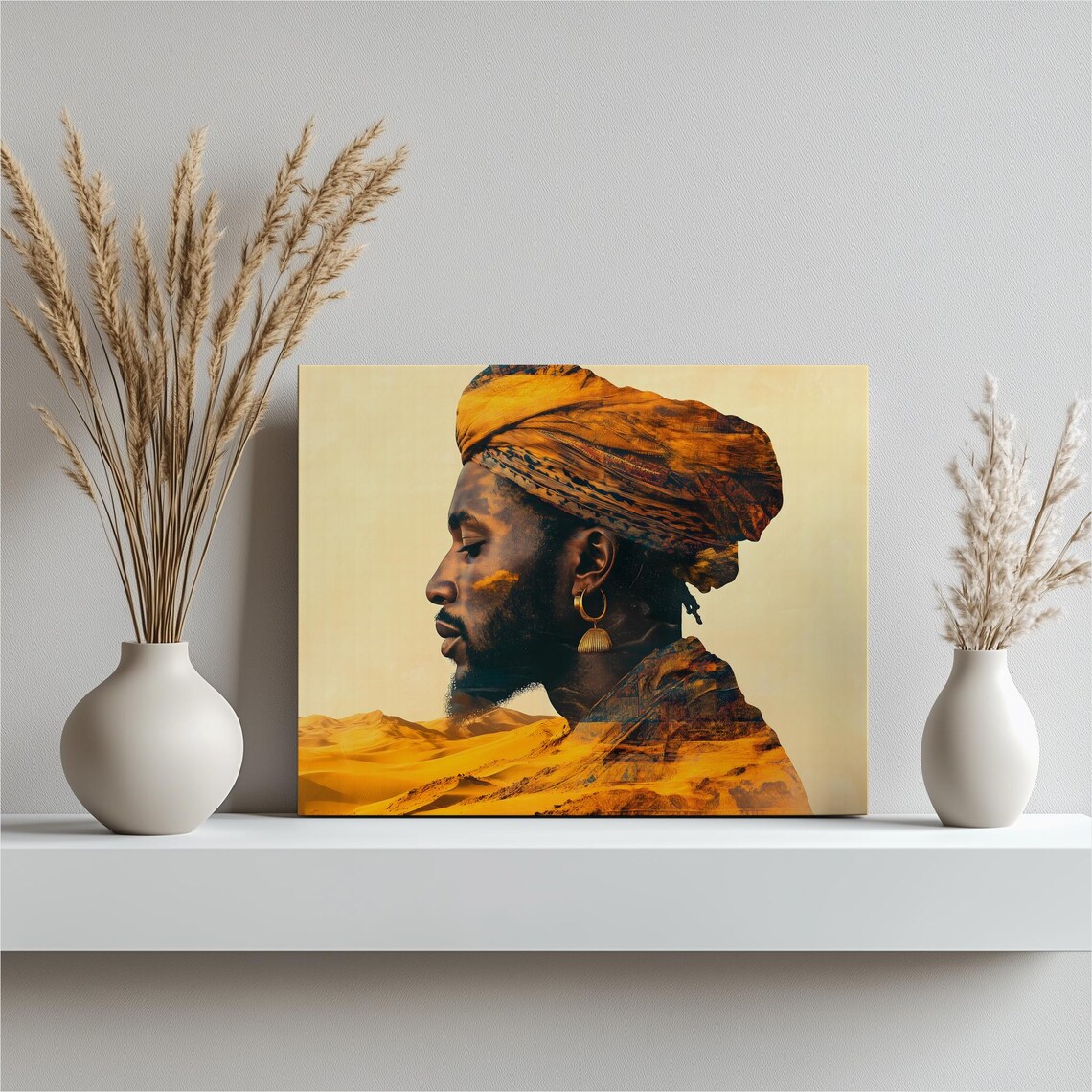 Saharan Royal Double Exposure Portrait Golden Desert Dunes Fine Art Poster