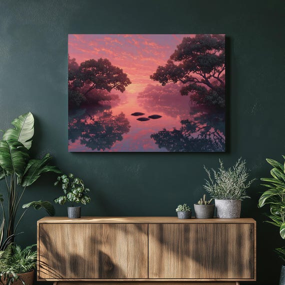 Tropical Sunset Canvas Wall Art Colorful Mangrove Forest Lagoon Water Reflection Pink Sky Serene Landscape Nature Print