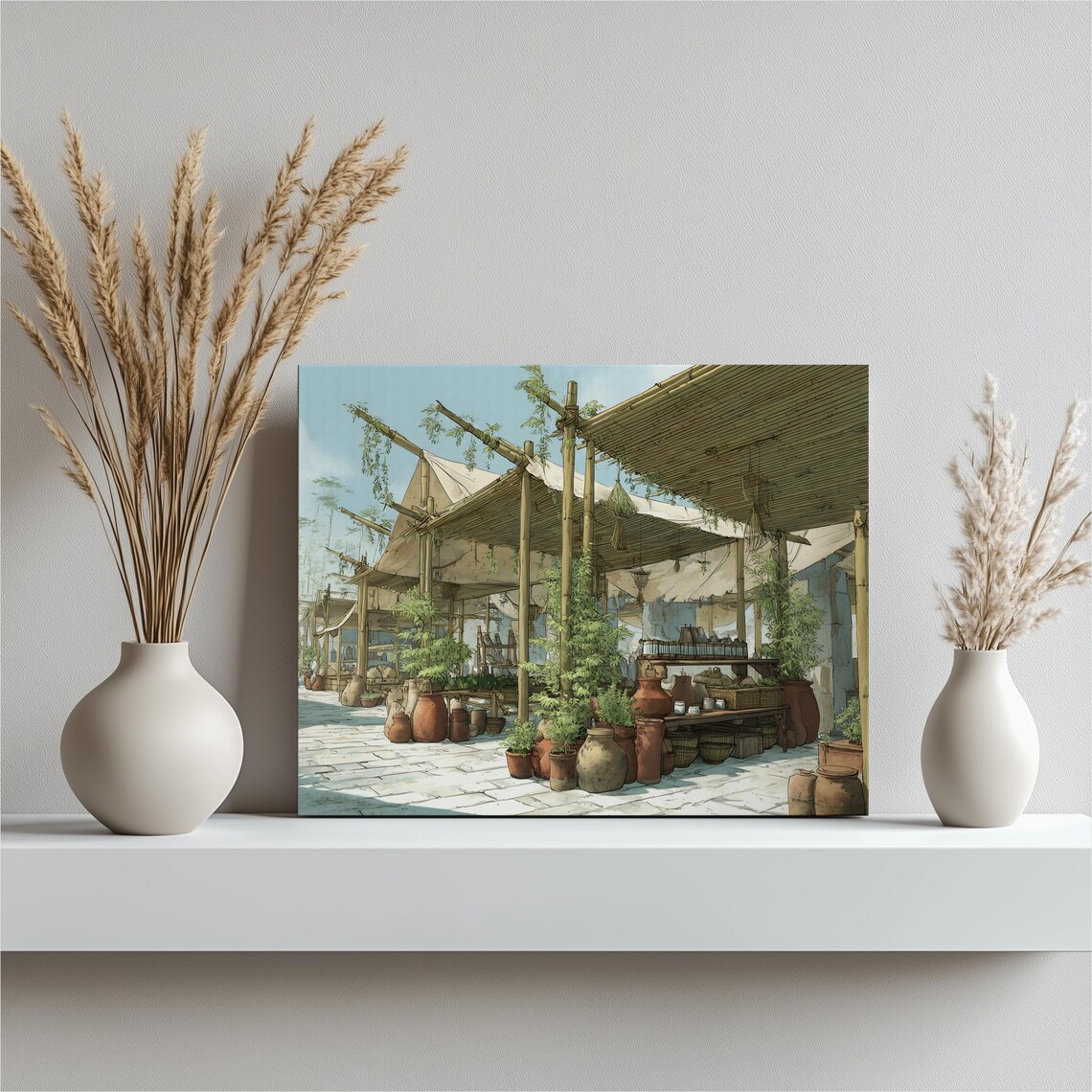 Sunlit Mediterranean Market Courtyard Terracotta Pots Poster