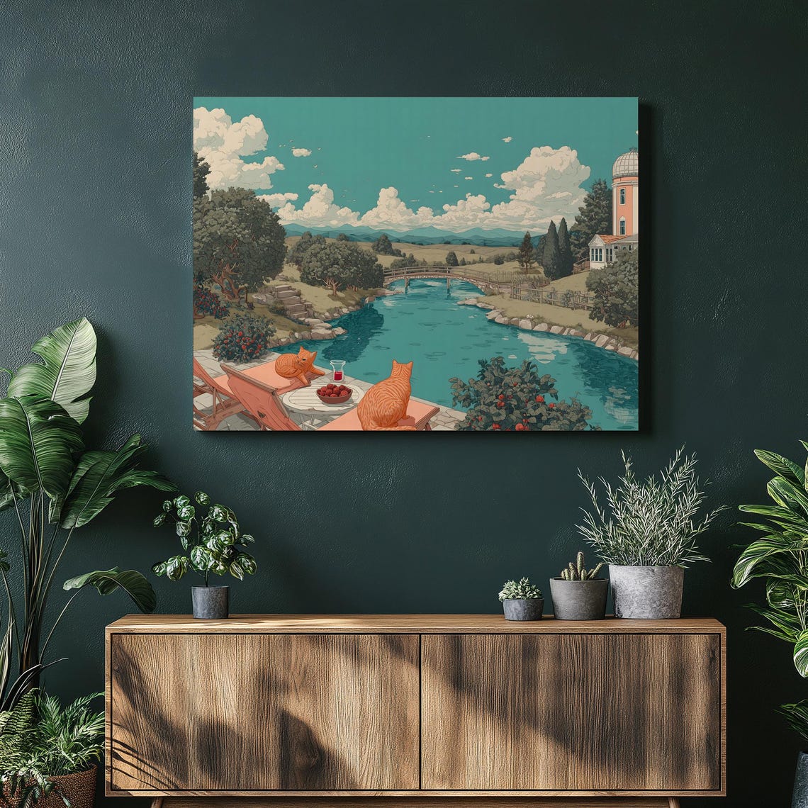 Orange Tabby Cats by the River Terrace Summer Countryside Wall Art
