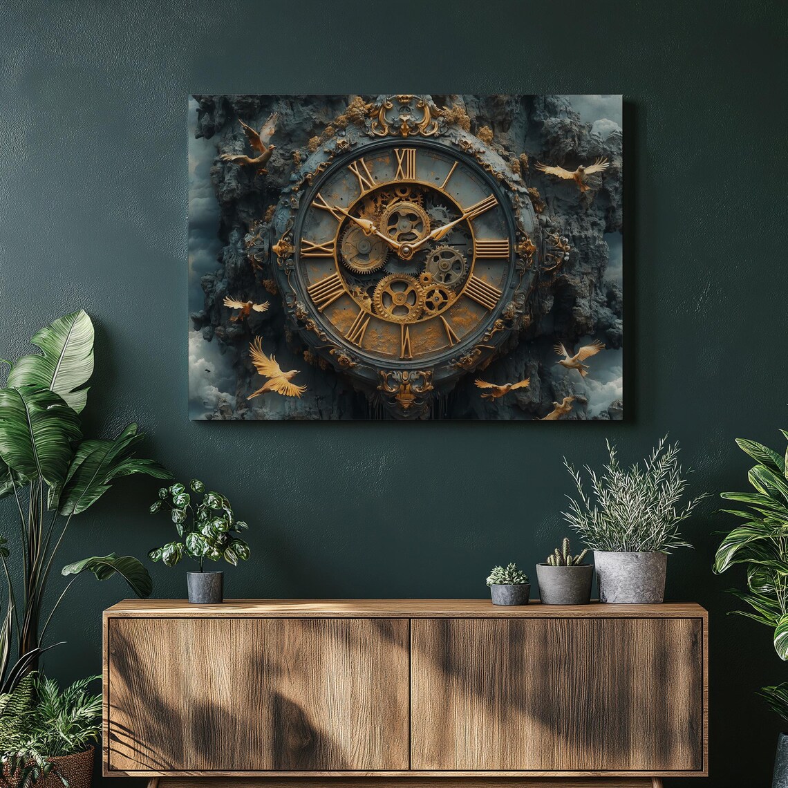 Surreal Steampunk Clock Gears Golden Birds Rocky Dark Art Poster
