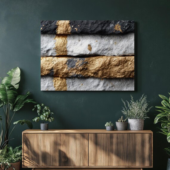 Black White Gold Canvas Wall Art Minimalist Geometric Stripes Metallic Texture Leaf Modern Abstract Print Luxury Painting Decor Gift