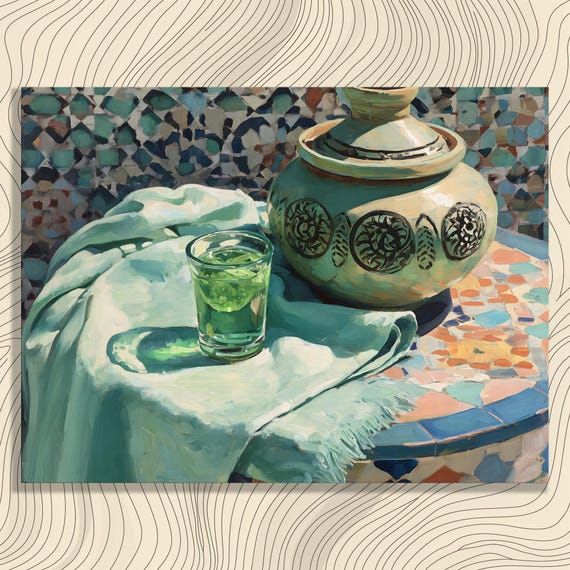 Moroccan Mosaic Canvas Wall Art Green Tea Pot Still Life Painting Ceramic Tagine Decor Colorful Tile Print Mediterranean Style Gift