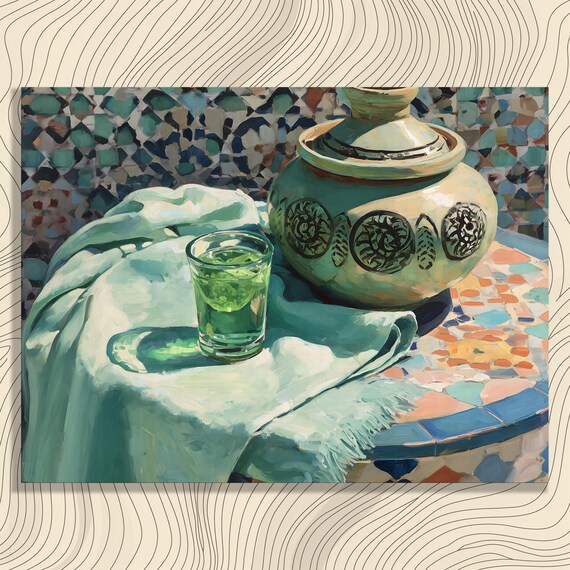 Moroccan Tea Still Life Poster Green Glass Ceramic Pot Mosaic Table
