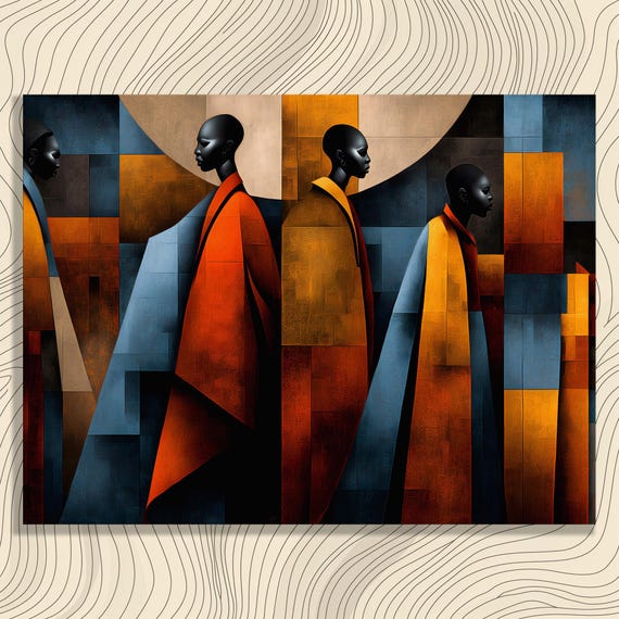 African Silhouettes Abstract Canvas Wall Art Geometric Women Portrait Tribal Patterns Sun Motif Colorful Modern Print Painting Decor Gift