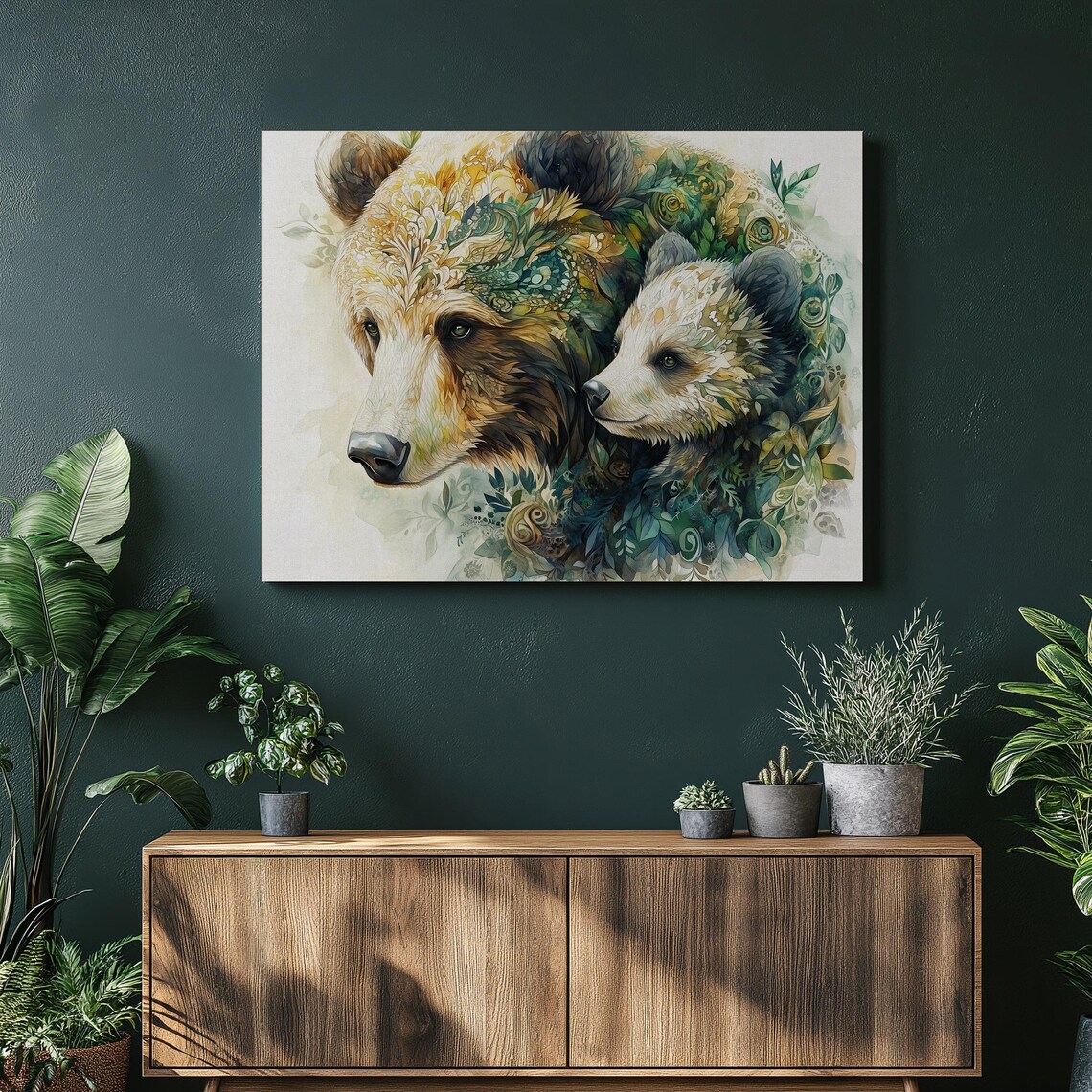 Mother Bear and Cub Floral Boho Watercolor Wildlife Nursery Art Poster