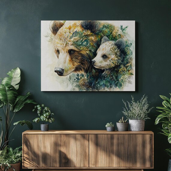 Mother Bear and Cub Floral Boho Watercolor Wildlife Nursery Art Poster
