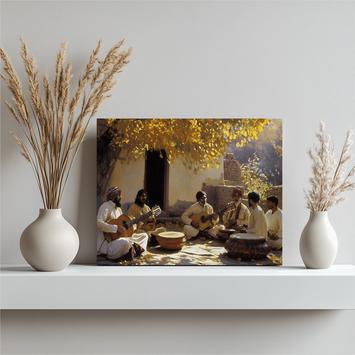 Courtyard Musicians Gathering Guitar and Drum Folk Art Poster