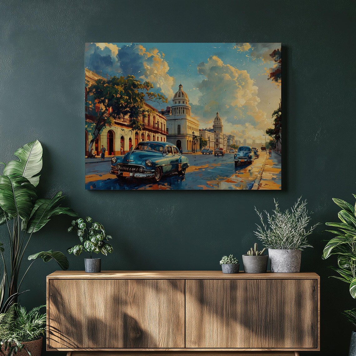 Havana Cuba Classic Cars El Capitolio Street Sunset Art Poster