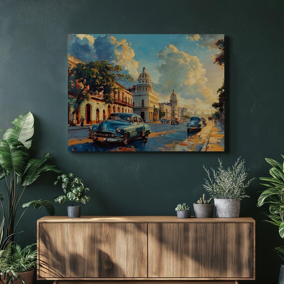 Havana Cuba Classic Cars El Capitolio Street Sunset Art Poster