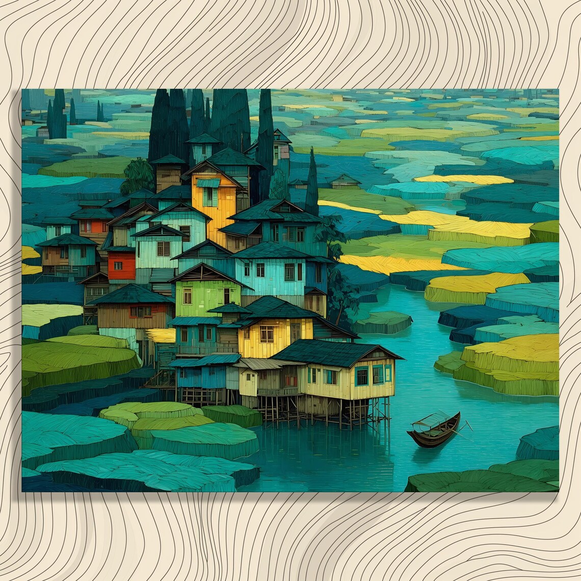 Serene Stilt House Water Village Turquoise Lake Boat Art Poster