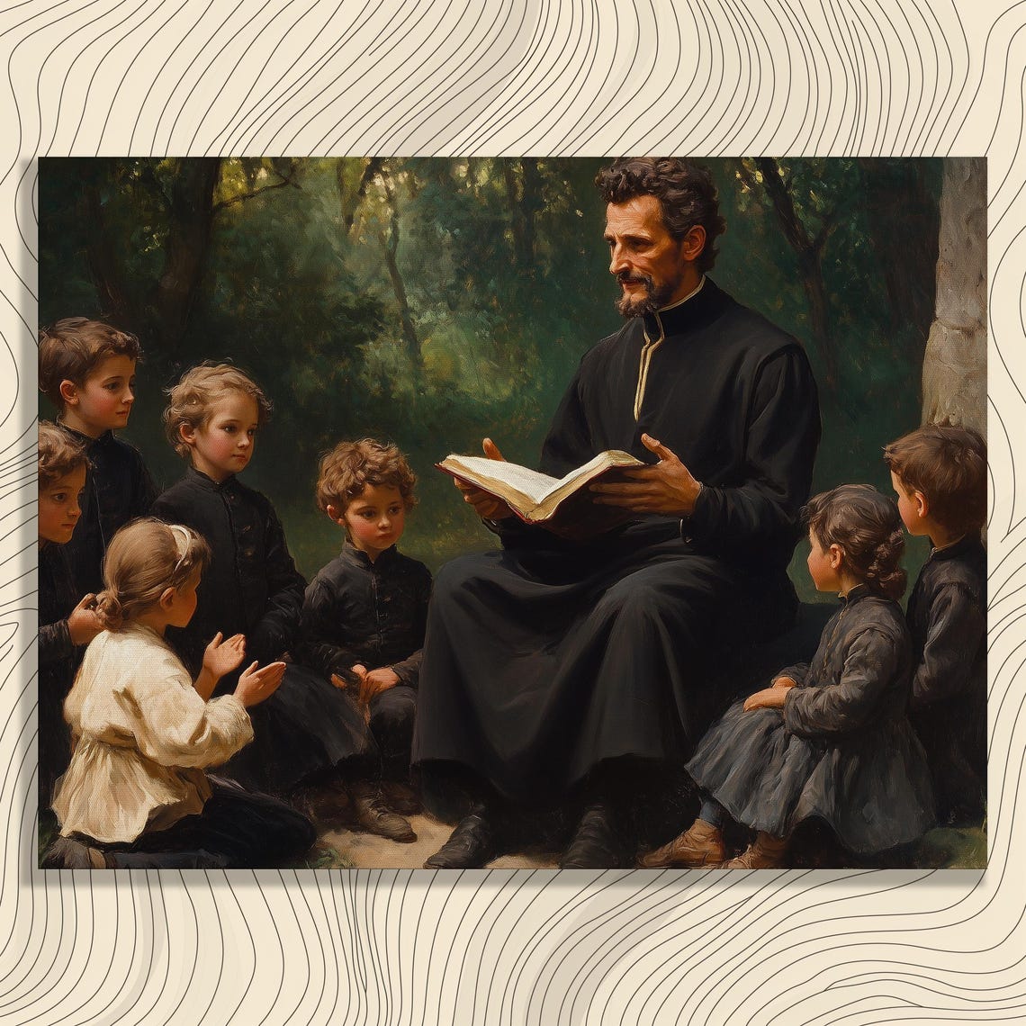 Kind Priest Reading to Children in Forest Classic Painting Print