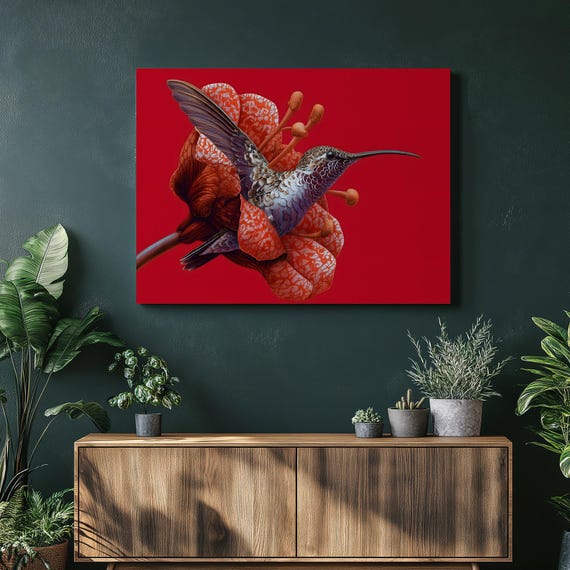 Hummingbird Flower Canvas Wall Art Modern Red Floral Bird Painting Print Botanical Nature Inspired Decor Wildlife Artwork Vibrant Gift