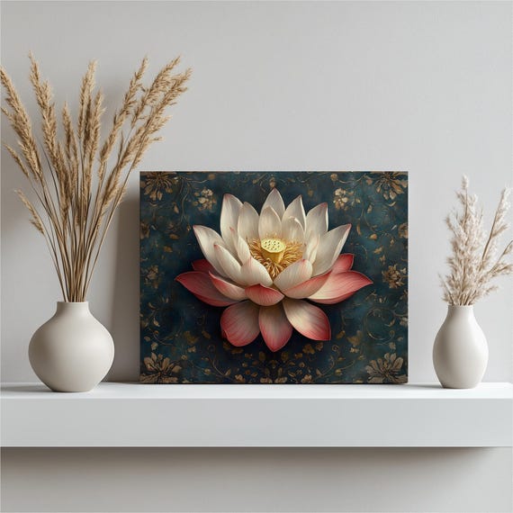 Flower Canvas Wall Art Botanical Print Dark Teal Floral Decor Filigree Accents Victorian Meditation Gift Colorful Nature Painting