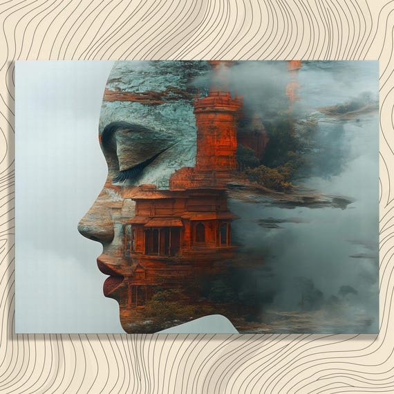 Surreal Woman Temple Canvas Wall Art Misty Dream Ethereal Abstract Painting Fusion Of Ancient Ruins And Profile Silhouette Print