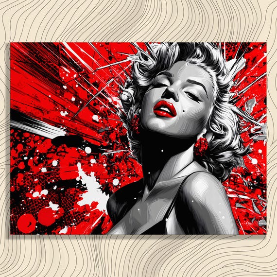Glamorous Woman Canvas Wall Art Black White Red Lips Pop Portrait Urban Splatter Painting Contemporary Print Fashion Decor