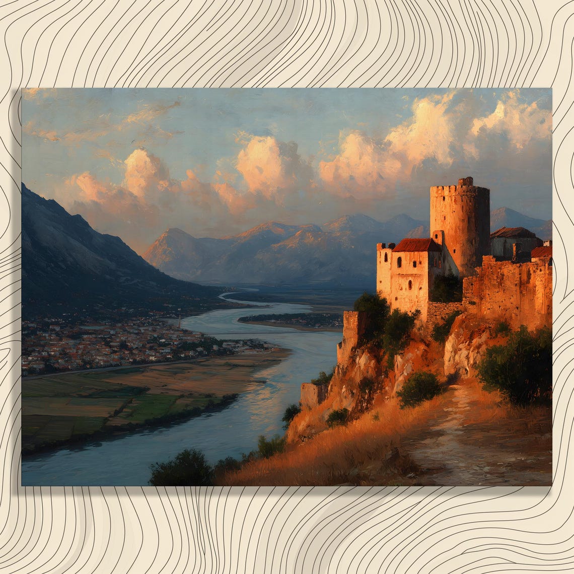 Medieval Stone Fortress At Sunset Over Winding River Valley Poster