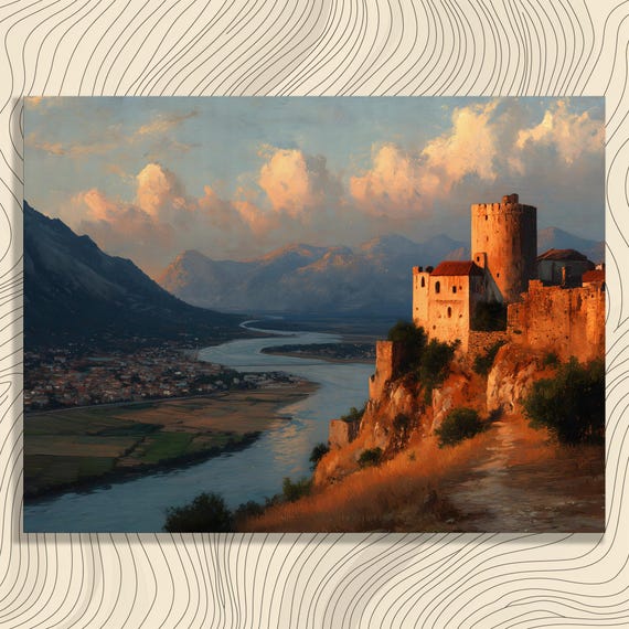 Sunset Castle Canvas Wall Art Medieval Fortress Landscape River Valley Mountain Scenery Print Rustic Travel Decor Painting