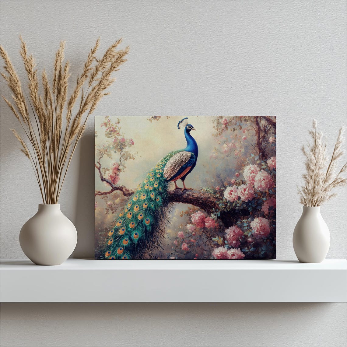 Peacock Perched on Flowering Branch With Pink Roses Painterly Poster