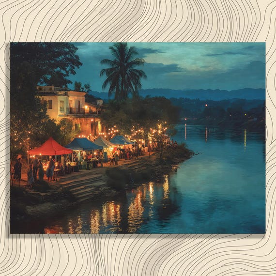 Riverside Night Market Canvas Wall Art Vibrant Lantern Festival Print Tropical Riverbank Decor Illuminated Tent Landscape