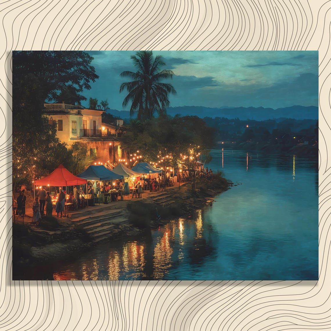 Riverside Night Market String Lights Asia Evening Art Poster