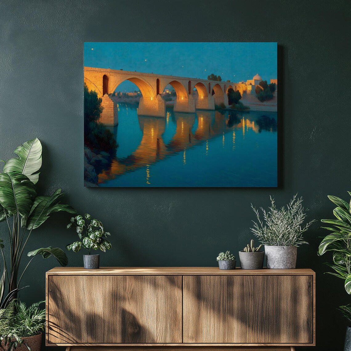 Stone Bridge River Canvas Wall Art Evening Reflections Cityscape Painting Blue And Gold Tones Architectural Landscape Domed Skyline