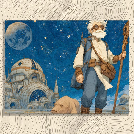 Epic Elderly Adventurer Canvas Wall Art Wild Adventure Fantasy Painting Starry Sky Surreal Futuristic Architecture Decor