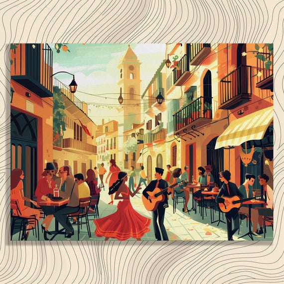 Spain Canvas Wall Art Vibrant Spanish Culture Print Vintage Stylish Decor Tapas Bars Flamenco Painting Guitar Retro Vibe Colorful Artwork