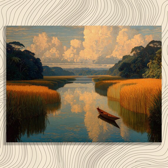 Golden Hour Canoe On Mirror Lake With Reeds Rustic Landscape Poster